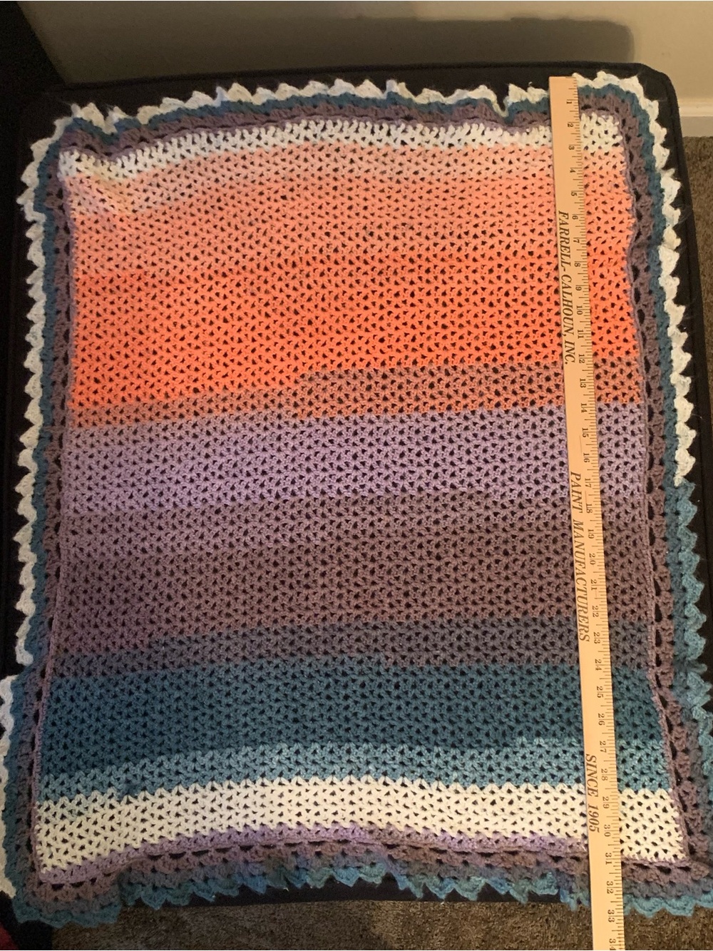 Handmade Crochet Baby Blanket - Coral, Purple, Blue 33” X 26”